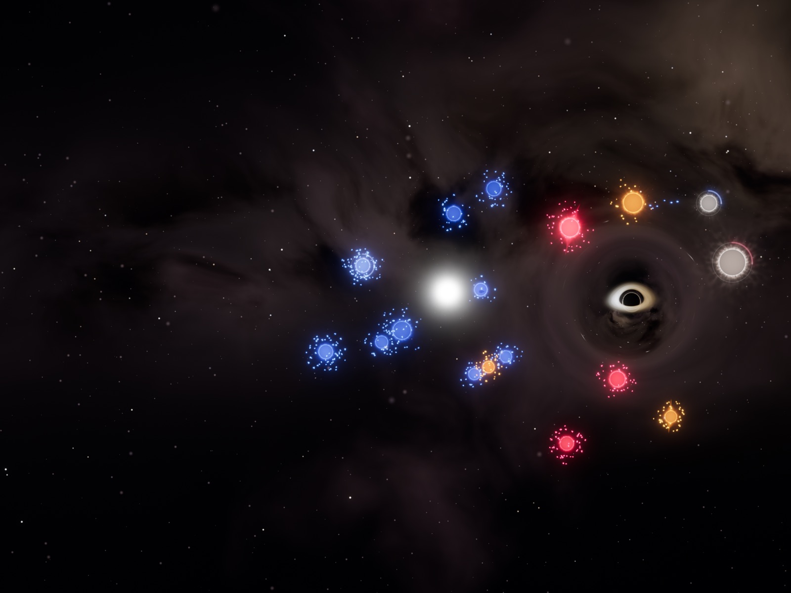 Last Stand, a campaign mission: blue, crimson and orange stars round a pulsar and a black hole, under a brown nebula.