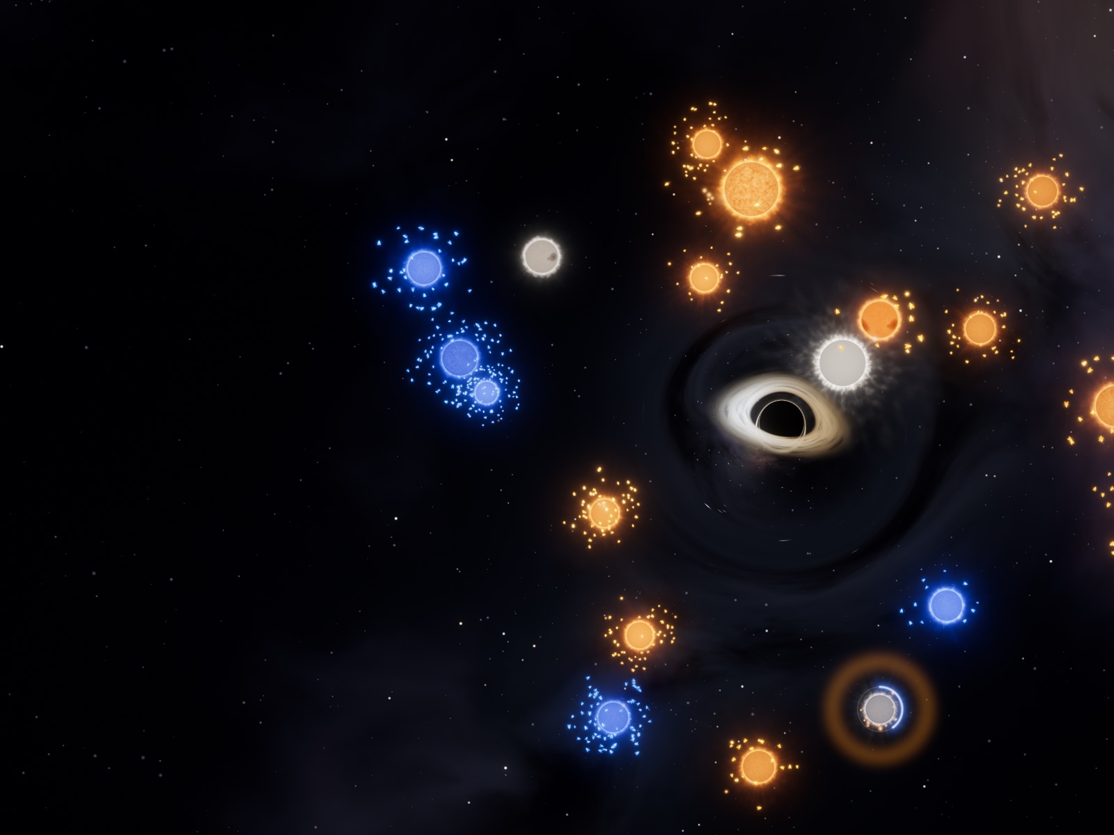 A match in Totality: blue and orange stars with their swarms of ships round a black hole whose glowing disk bends the light behind it.