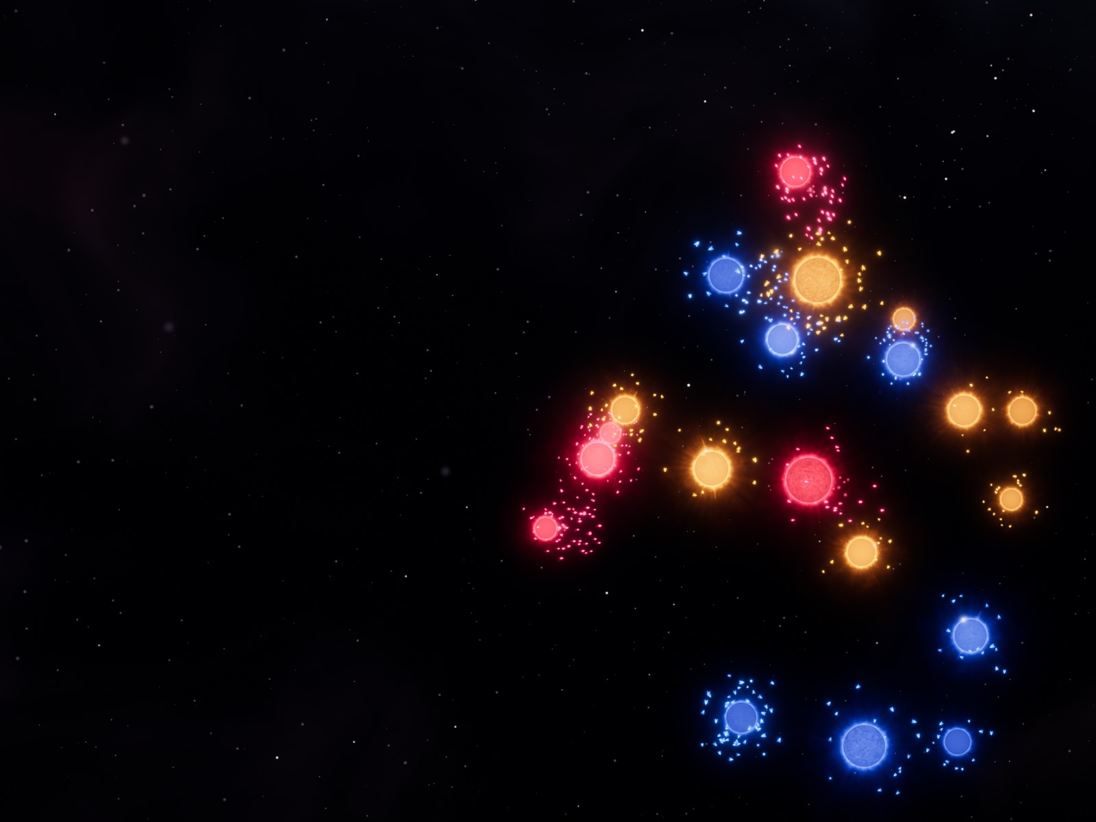 A four-way battle: blue, orange and crimson stars, their swarms clashing in the middle of the map.
