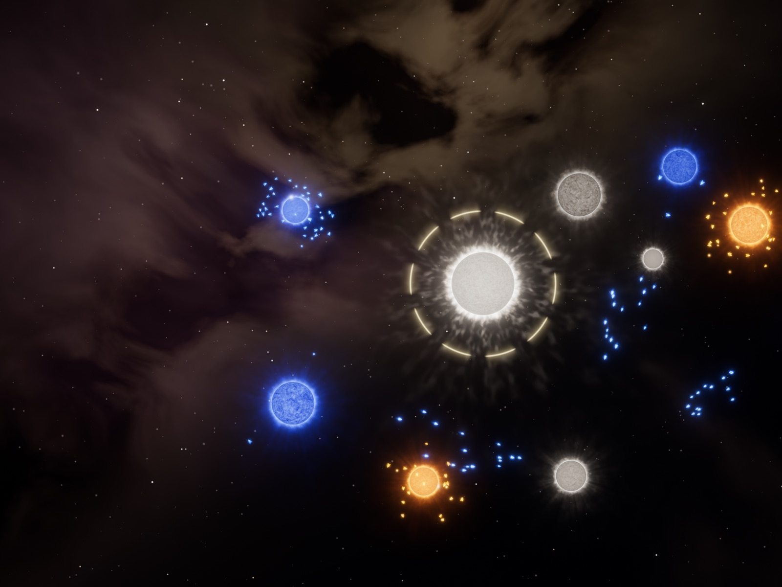 A blue giant, ringed and blazing white, being taken by blue ships, with orange and grey stars round it under a dusty sky.